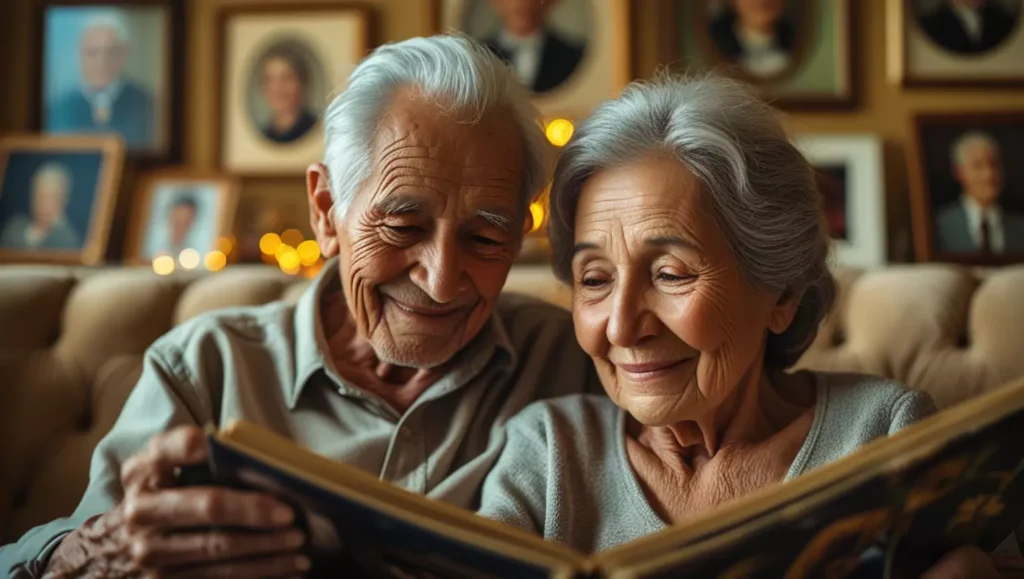 Elderly couple reminiscing about past decisions